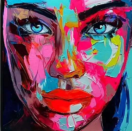 an abstract color painting of a woman's face.